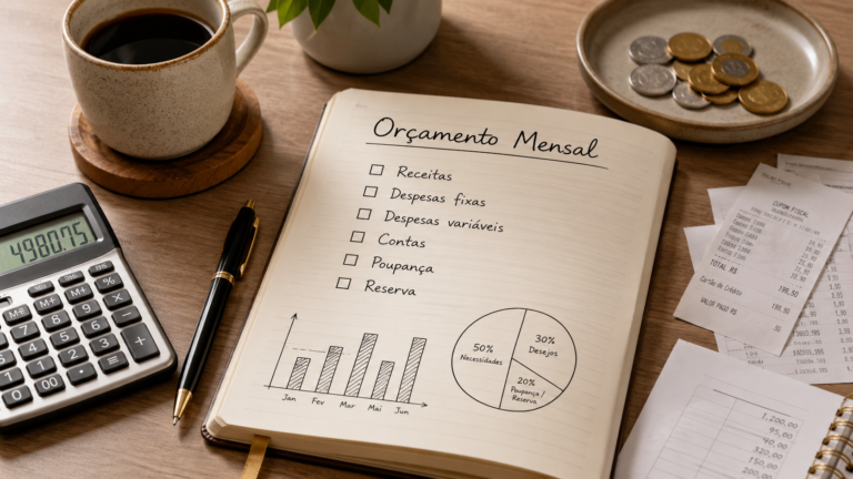 Caderno com planejamento de receitas e despesas para fazer um orçamento mensal
