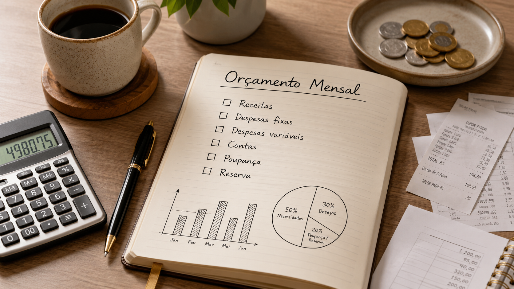 Caderno com planejamento de receitas e despesas para fazer um orçamento mensal