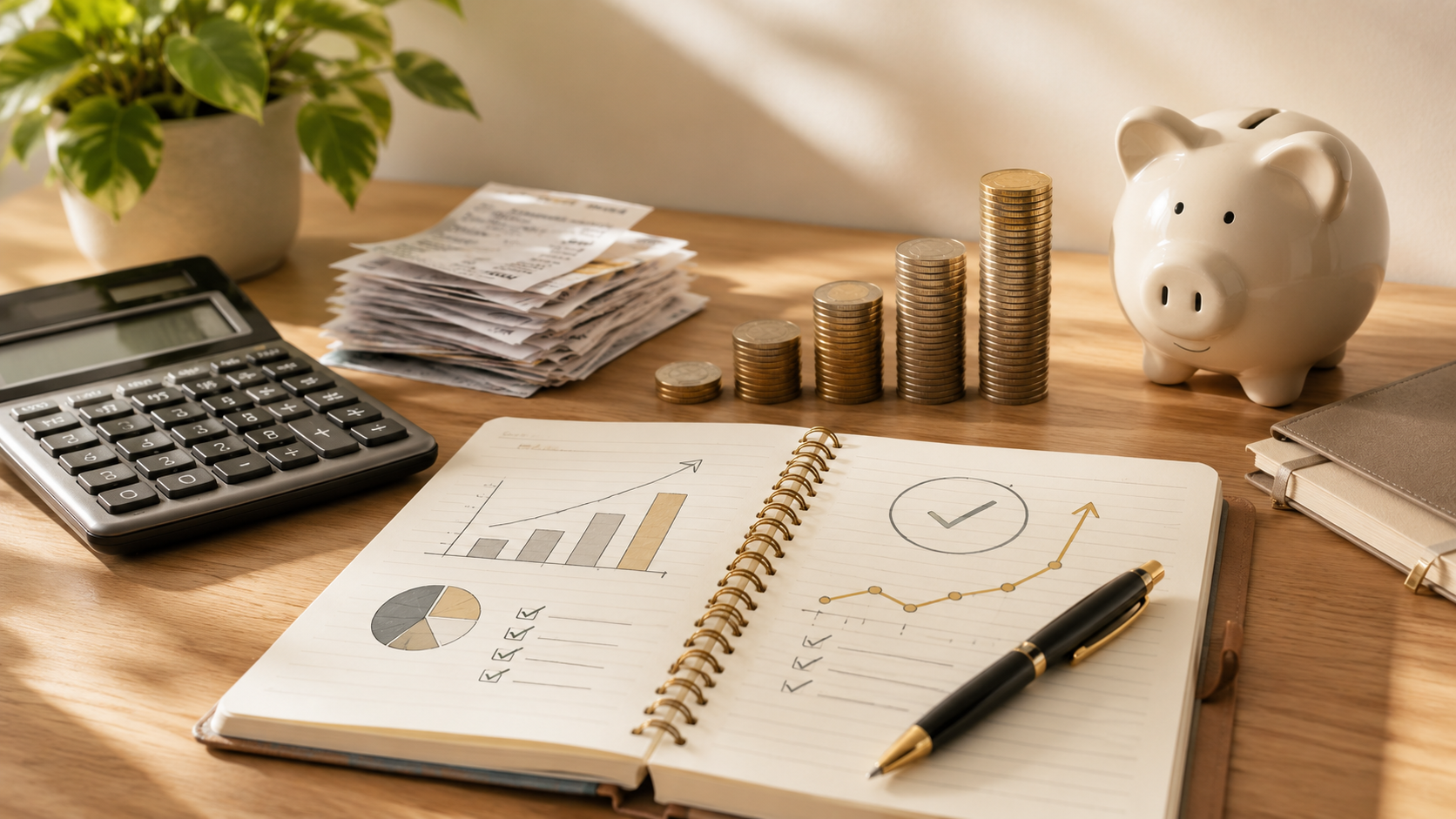 Mesa com calculadora, contas, moedas e planejamento financeiro para sair das dívidas