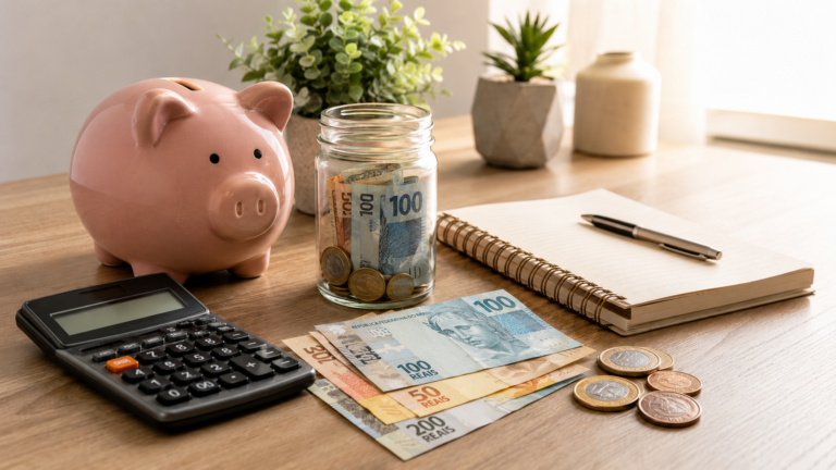 Cofrinho, calculadora e cédulas de reais representando uma reserva de emergência