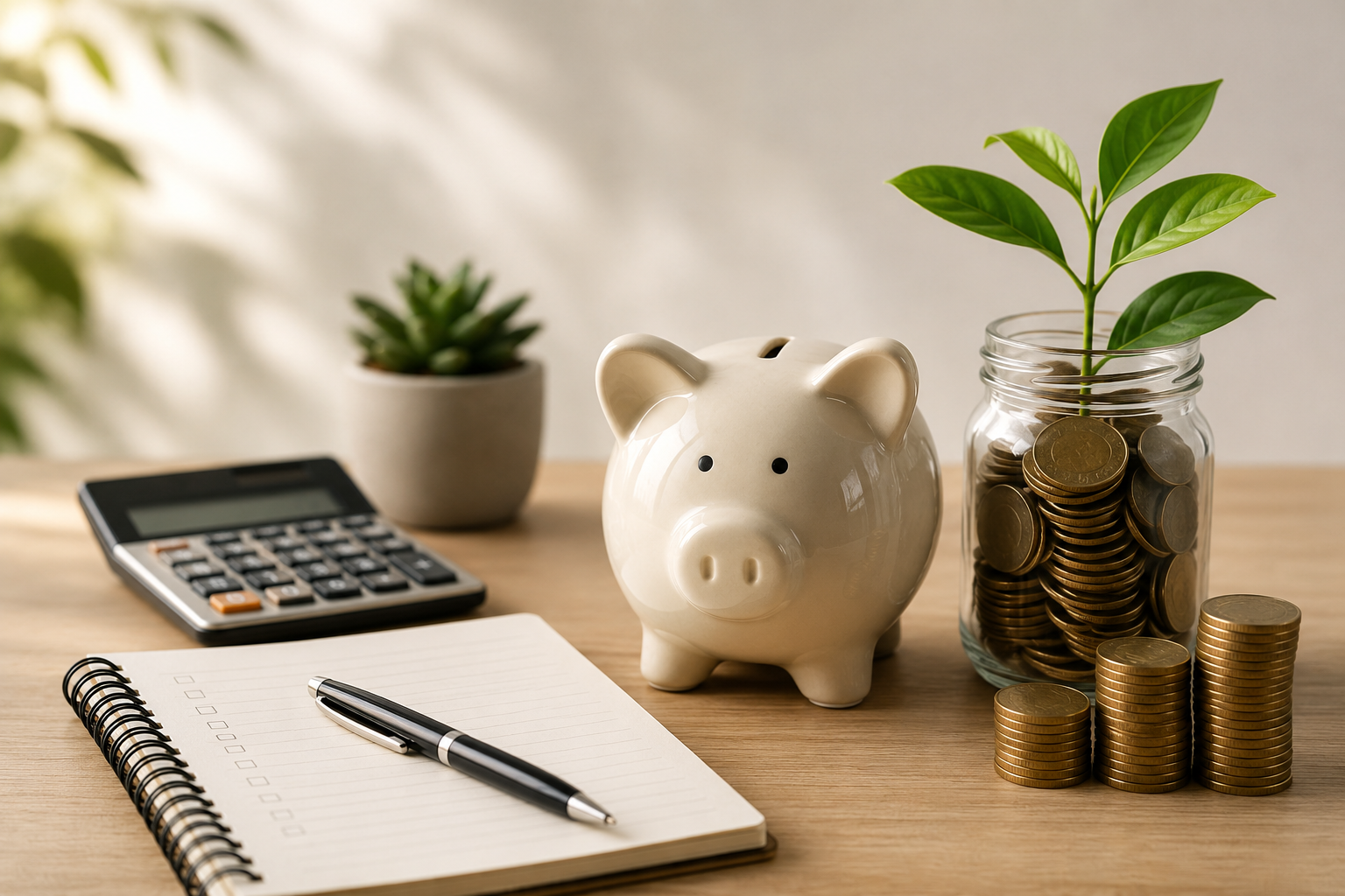 Planejamento financeiro doméstico com cofrinho, calculadora e moedas para economizar dinheiro