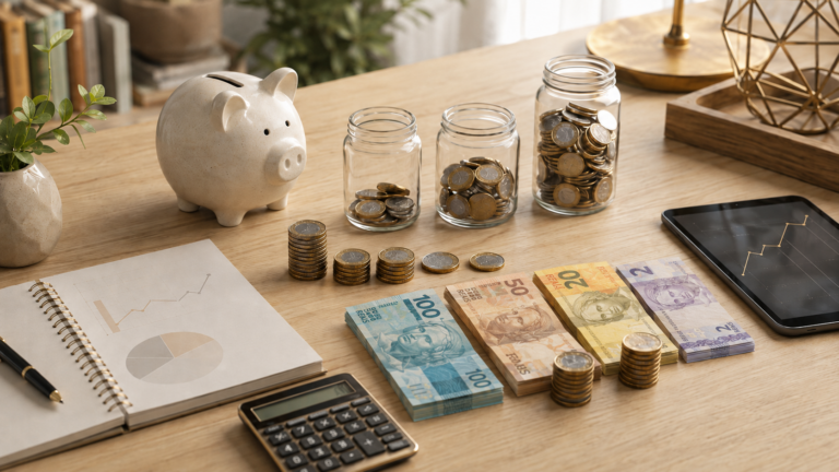 Cofrinho, cédulas e moedas de real organizadas com calculadora e gráficos, representando como investir com pouco dinheiro em 2026.