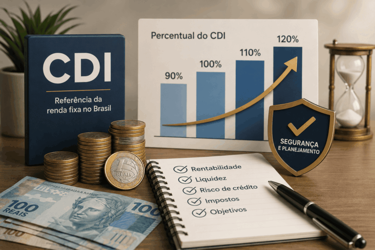 Gráfico financeiro, moedas e cédulas de real representando o CDI e a comparação de investimentos.