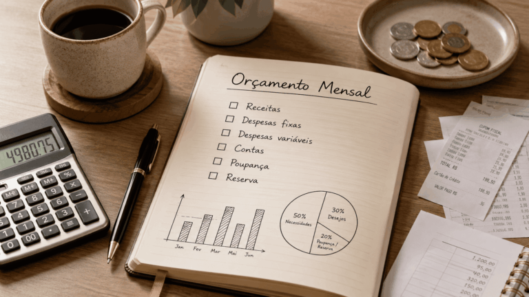 Caderno com planejamento de receitas e despesas para fazer um orçamento mensal