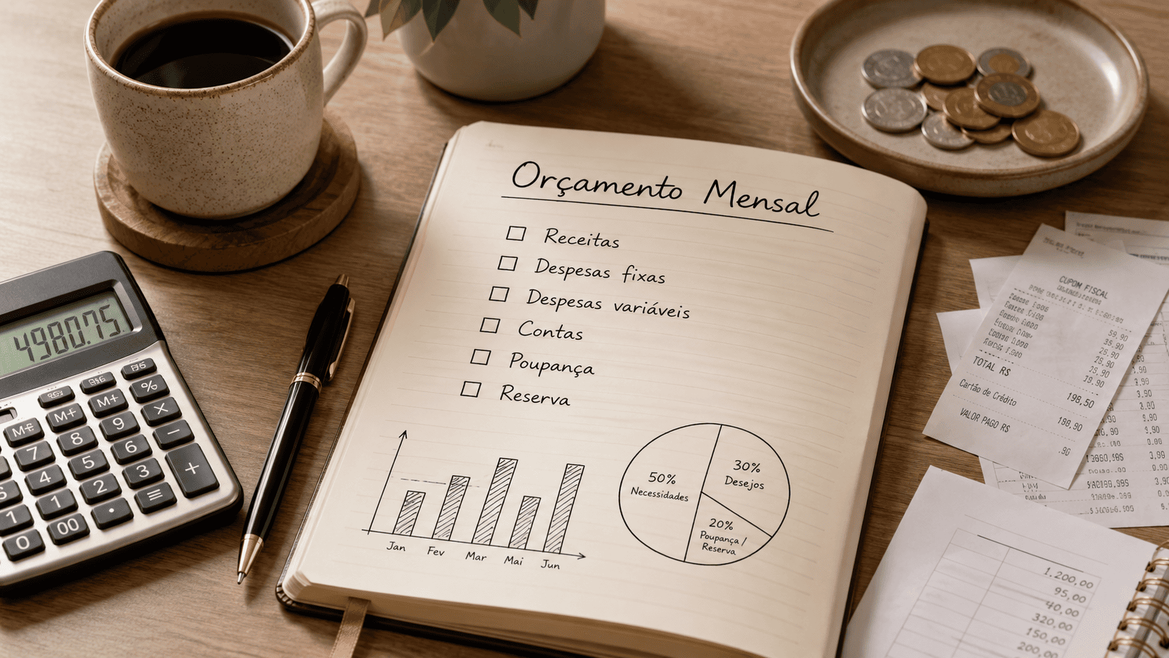 Caderno com planejamento de receitas e despesas para fazer um orçamento mensal