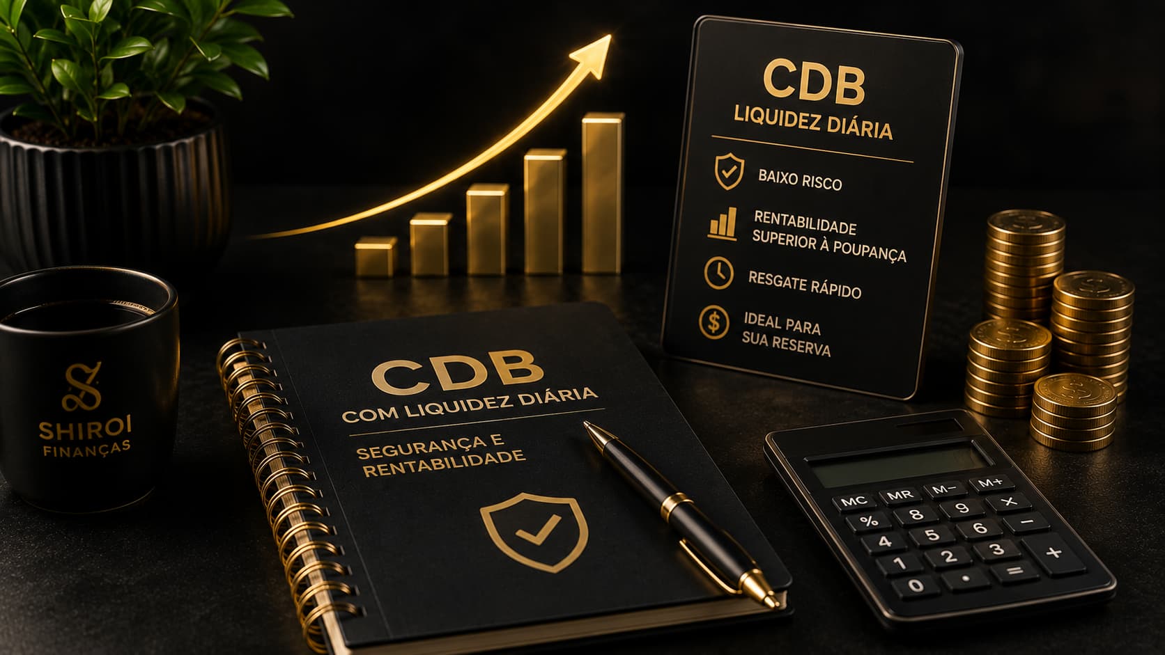 CDB com liquidez diária representado por gráfico, moedas e elementos de segurança financeira