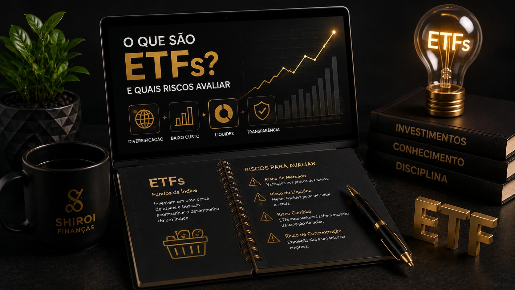 ETFs e diversificação de investimentos com gráfico e indicação de riscos para avaliar