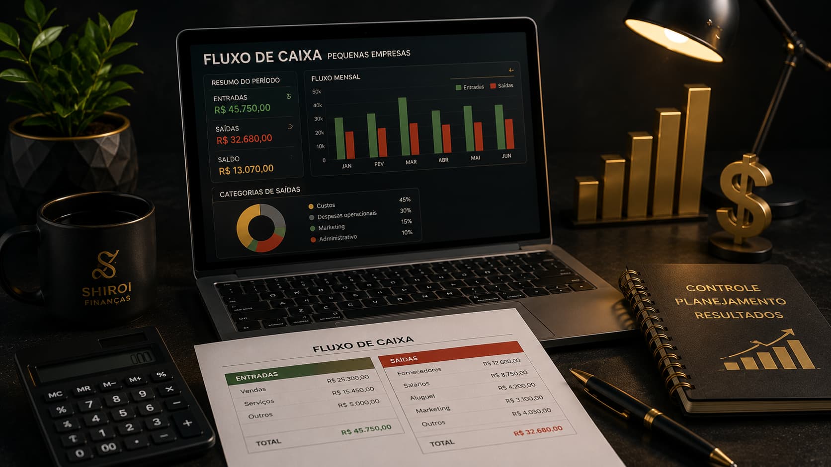 Controle de fluxo de caixa para pequenas empresas com entradas, saídas e planejamento financeiro