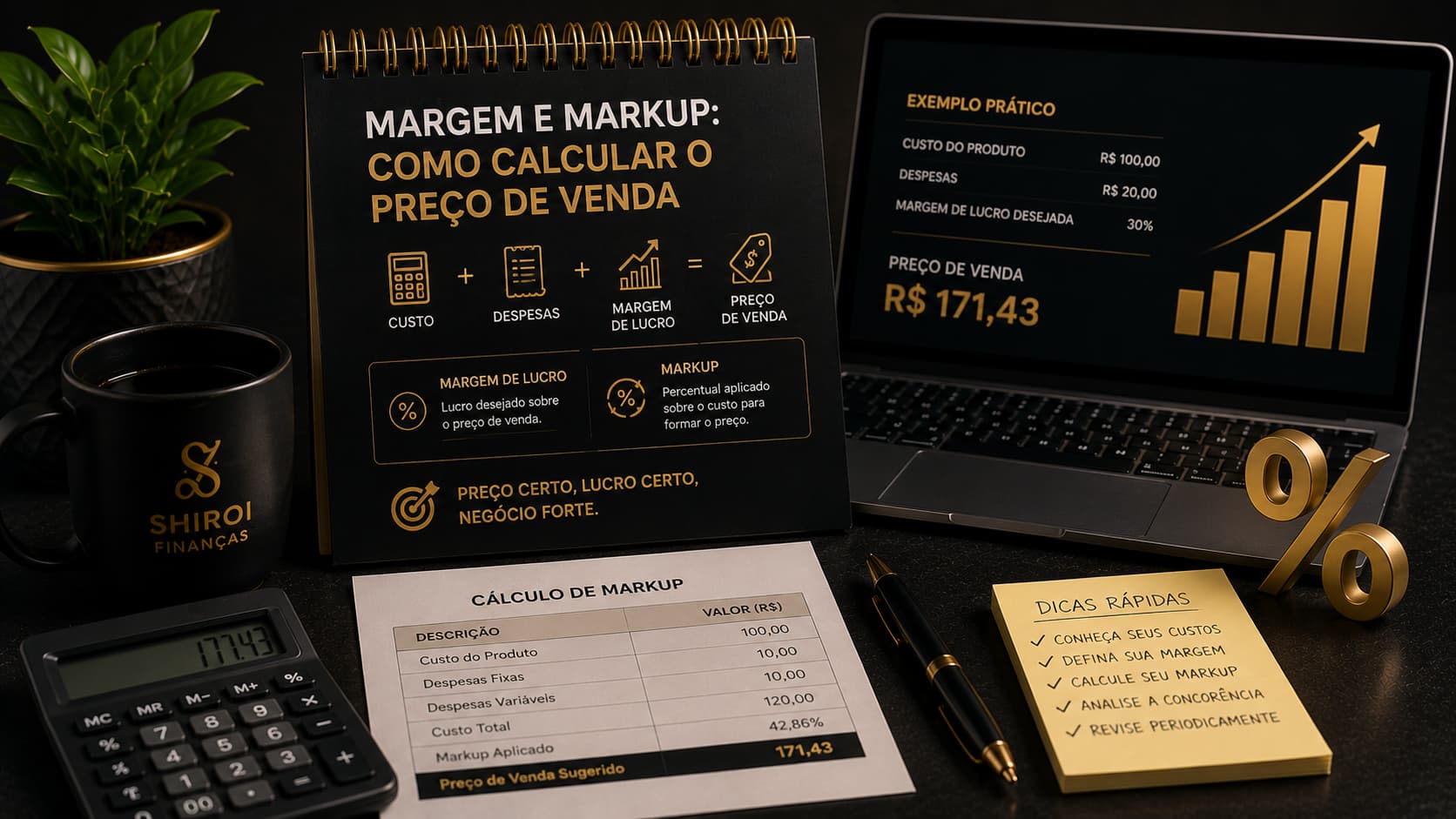 Margem e markup aplicados ao cálculo do preço de venda com calculadora e gráfico