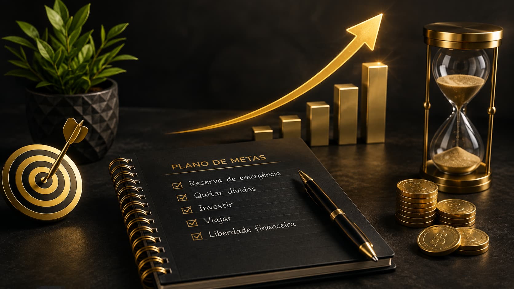 Planejamento de metas financeiras com caderno, gráfico de crescimento e objetivos